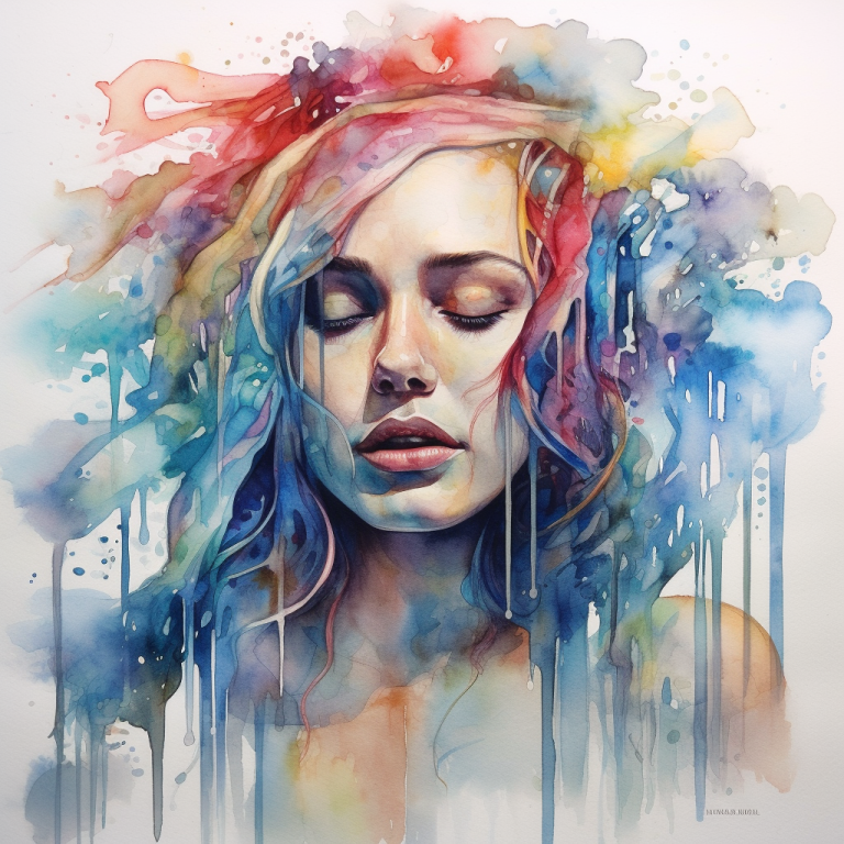 watercolor woman, color swirling around her
