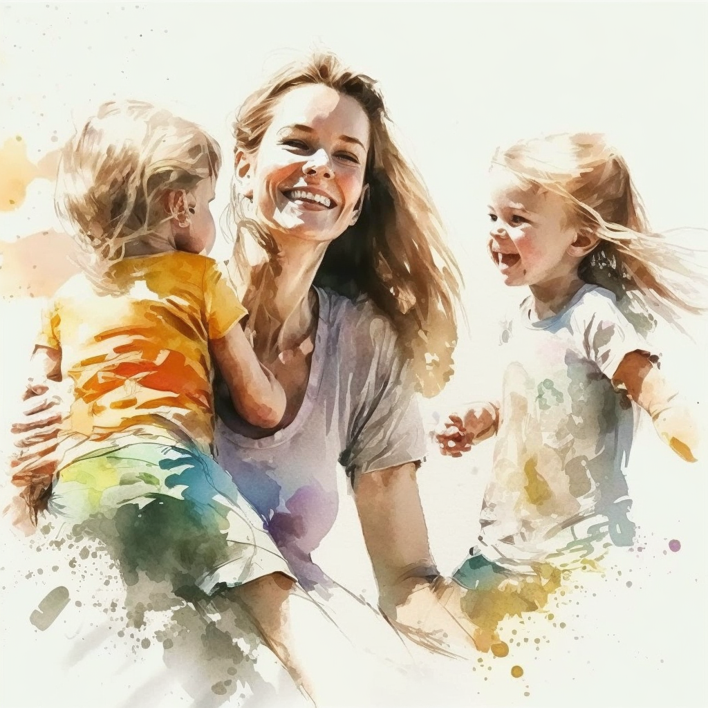 Mom with two kids, watercolor, mindful boundaries parenting